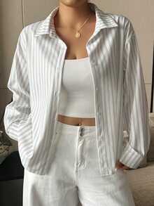 Dazy Plus Old Money Striped Loose Collar Shirt, Spring/Autumn New Casual Long Sleeve Blouse - White - View 7