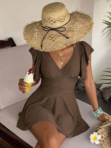 Livesso Women's Korean Style Ruffle Cuff Pleated Swim Dress Vacation - Brown - View 4