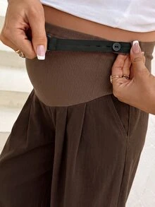 SHEIN 孕婦可調腰圍拼色休閒日常牛仔褲 - 棕色 - 查看 4