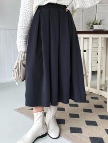 Dazy Plus Elastic Waist Pleated A-Line Fun Commute Versatile Long Skirt - Navy Blue - View 1