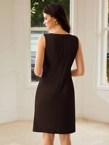 MOTF PREMIUM WOMEN BLACK BUCKLE METAL SHOULDER SLEEVELESS MIDI DRESS - Dark Brown - View 3
