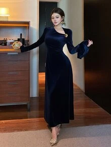 DAZY Women's Solid Color Metal Decor Casual Party Mid-Length Dress Fall - Blue - View 6