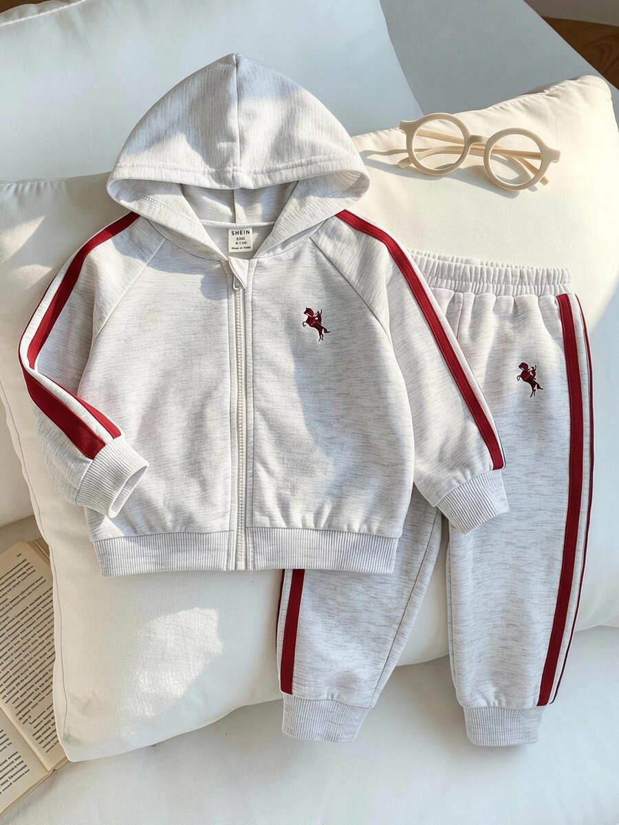 SHEIN 男嬰秋冬兩件套長袖拉鍊連帽衛衣與慢跑長褲，舒適百搭日常運動極簡風，適合室內/戶外、運動、派對、假期、返校 - 彩色 - 查看 1