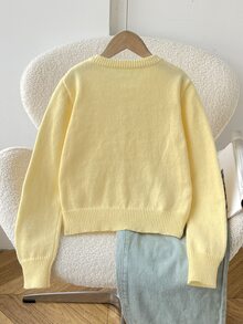 SHEIN 兒童青少年女孩秋冬休閒法式優雅米色波點印花長袖對比腰帶裝飾百褶荷葉邊裙，適合秋季出遊、開學季、日常穿著 - 黃色 - 查看 2
