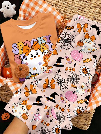 SHEIN Cute Sweet Orange Halloween Little Ghost Pumpkin Ghost Print, Bow Candy Floral, Tween Girls T-Shirt And Long Pants Knit 2-Piece Set Casual Daily Fashion Versatile Quirky Cute, Tween Girl Halloween Graphic