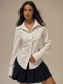 MUSERA Kemeja Putih Slim Fit dengan Panel Pinggang Rapi, Kerah Lancip, Manset Kancing Ganda, Lengan Panjang, Pakaian Kerja Elegan, Kebutuhan Sehari-hari Kantor, Musim Gugur/Musim Dingin - Putih - View 1