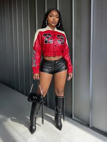 Slaydiva Jaket Varsity Pendek Wanita Warna Merah Putih Blok Kulit Imitasi Nomor 2 Nomor 3 Bordir Kancing Jepret Manset Rib Longgar Gaya Y2K Hip Hop Baseball Bomber Coat - Red and White - View 8