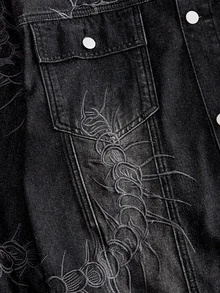 ROMWE MEN Men's Vintage Black Washed Denim Jacket, Gothic Centipede Embroidery Lapel Button-Up, Y2K Dark Punk Street Style Long Sleeve Denim Jacket, Loose Fit Washed Workwear Denim Top, Suitable For Autumn/Winter Daily Streetwear - Black - View 5