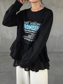 FRIFUL 女款圓領黑白字母印花裝飾袖多材質拼接寬鬆運動街頭風休閒秋季日常T恤 - 黑色 - 查看 4