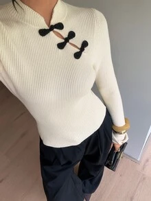 Siren Gaze Women's Chinese Style Fitted Long Sleeve Sweater With Frog Button Design - White - View 1