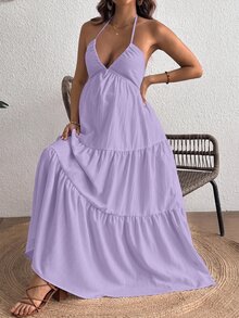 Cheriluna Maternity 舒適掛脖露背孕婦度假純色洋裝 - 淡紫色 - 查看 4
