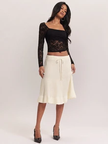 SHEIN BAE Regular damkjol i enfärgad stickad design med midjeband - Aprikos - Visa 4