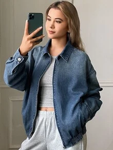 DAZY Women's Distressed Washed Faded Loose Zipper Lapel Long Sleeve Casual Street Vacation Autumn/Winter Denim Jacket And Coat - Blue - View 4