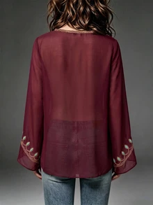 INAWLY Women's Mesh Casual Sheer Long Sleeve Top For Daily Wear - Burgundy - View 2