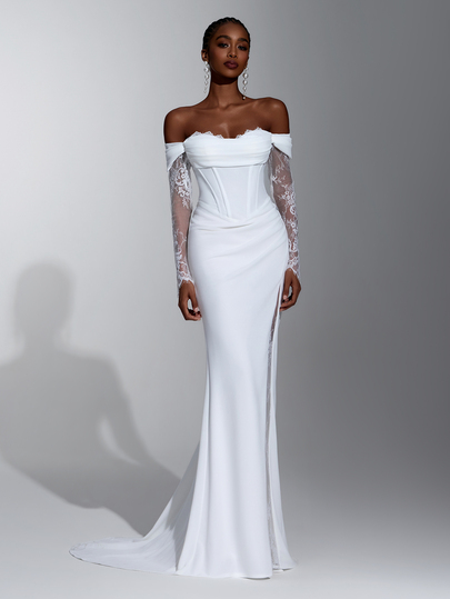 Elitara Elegantes weißes romantisches französisches Spitzen-Meerjungfrau-Kleid , Off-Shoulder, transparenten langen Ärmeln, minimalistisch, mit sexy Überlappung und hohem Schlitz vorne, Spitzen-Patchwork, transparent, geeignet für alle formellen Hochzeitsveranstaltungen, leichtes Hochzeitskleid für Frauen und Bräute