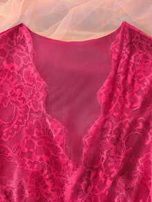 DelicateAllure French Romantic Lace Contrast Mesh & Hollow Satin Sexy Women's Pajama Set - Burgundy - View 4
