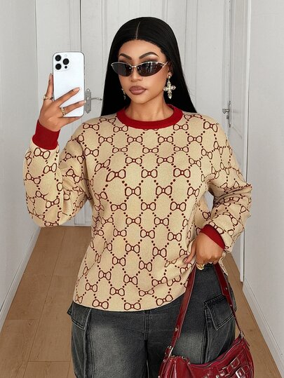 Maweii Women's Autumn/Winter Round Neck Dropped Shoulder Long Sleeve Loose Contrast Color Bow Jacquard Design Casual Minimalist Daily Commute Versatile Street Vintage 2026 New Plus Size Pullover Sweater
