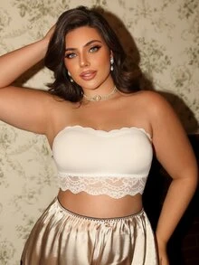 Divavoom 1 pieza sujetador bandeau sin tirantes de encaje con patchwork talla grande - Blanco - Ver 4