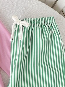 SHEIN 青少年女孩秋冬休閒兩件套，圓領長袖龍蝦與檸檬印花修身上衣搭配條紋印花長褲，日常穿著 - 粉色 - 查看 6