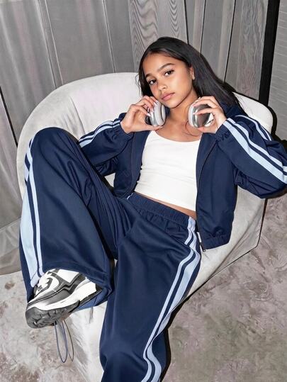 SHEIN 3pcs/Set Tween Girls Hoodie Sweatshirt Set, Long Sleeve Open Front Short Jacket, White Camisole Tank Top, Elastic Waist Loose Wide Leg Pants, Casual Outfit For Fall, Back To School, School