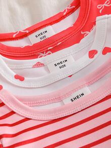 SHEIN 【隨機9款，發貨2套】女嬰居家睡衣套裝，長袖長褲，兔子愛心蝴蝶結波點條紋花朵卡通印花，四季適用，居家或戶外玩耍，柔軟親膚貼身 - 彩色 - 查看 7