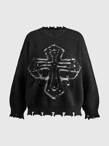 ROMWE Grunge Punk Dark Punk Cross Jacquard Distressed Raw Edge Loose Fit Crew Neck Pullover Sweater - Black - View 1