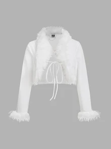 SHEIN ICON 大尺碼純白色 Y2K 優雅毛絨滾邊前綁帶短版夾克睡衣，適合秋季雞尾酒會 - 白色 - 查看 1