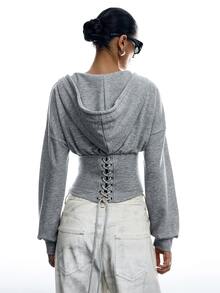 LYSMO Women's Drop Shoulder Long Sleeve Front Button Sweatshirt, Style - Grey - View 2
