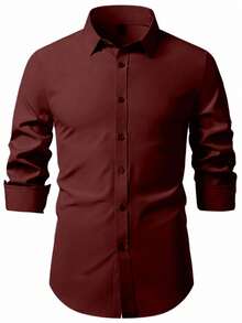 Manfinity Mode Men's Casual Versatile Solid Color Long Sleeve Shirt - Redwood - View 6