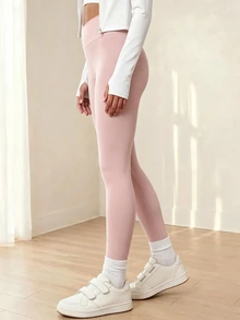 SHEIN 青少年女孩運動緊身褲，粉色長款運動瑜伽褲，底層穿搭，瑜伽休閒百搭必備單品 - 粉色 - 查看 4
