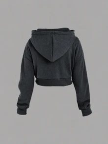 SHEIN Unity Women's Solid Color Zipper Casual Versatile Daily Wear Long Sleeve Hooded Sweatshirt - Dark Grey - View 2