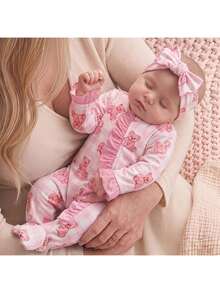 SHEIN Newborn Baby Girl Cute Knitted Pink Plaid Bear Romper With Headband - Pink - View 3