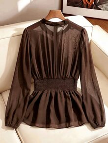 SHEIN Clasi بلوزة أنيقة للتنقل اليومي بخصر مشدود وياقة دائرية صغيرة وقصة A-Line - بني - مشاهدة 4