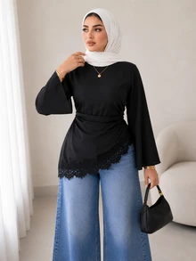 Solavon Plus Size Solid Color Lace Patchwork Asymmetric Hem Shirt - Black - View 4