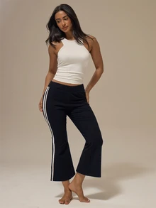MUSERA Mid Rise Flared Leg Capri Trousers With Striped Detailing Summer Workout Fitness Everyday Loungewear - Black - View 1