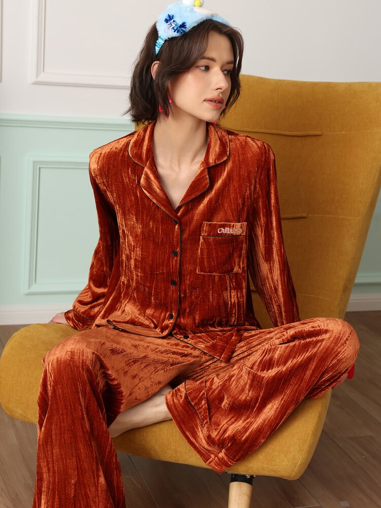 Chillnights 年輕休閒純色前開式女款睡衣套裝 - 棕色 - 查看 5