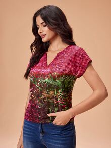 Shutterstock Glamance Women's Gradient Shiny Colorful Sequin Print V-Neck Short Sleeve Blouse, Elegant Mature Casual Sexy For Outings, Work, Office, Daily, Gatherings, Parties, Birthday, Vacation, Middle East Travel, Beach, Swimwear, Bohemian, Halloween, Back To School, Independence Day, Summer - Multicolor - View 6