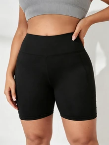 SHEIN Sweetro Women's Plus Size Solid Color Pocket Casual Versatile Daily Travel Sports Shorts - Black - View 4