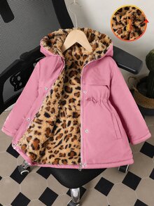Elladie kids 少女款豹紋連帽冬季外套，粉色保暖連帽派克大衣，適合各種日常場合與休閒穿著 - 粉色 - 查看 5