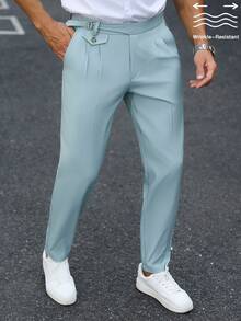 Manfinity Bizformal 男士綠色不對稱腰線修身防皺商務休閒西裝長褲 - 綠色 - 查看 1