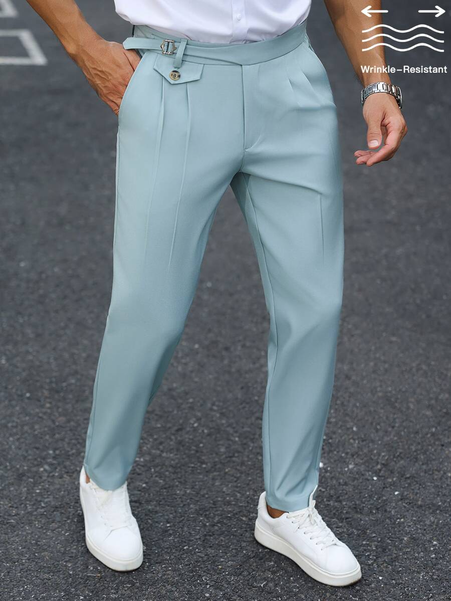 Manfinity Bizformal 男士綠色不對稱腰線修身防皺商務休閒西裝長褲 - 綠色 - 查看 1