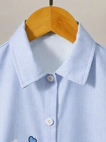 Souflis Children's Spring/Autumn Light Blue Striped Outfit, Minimalist & Exquisite, Fresh & Fashionable, Shirt With Black Horse Logo Decoration, Suitable For Daily Wear And Gatherings - Blue - View 3