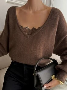 DAZY Women's Vintage Fashion Lace Patchwork Long Sleeve Sweater Fall - Brown - View 1