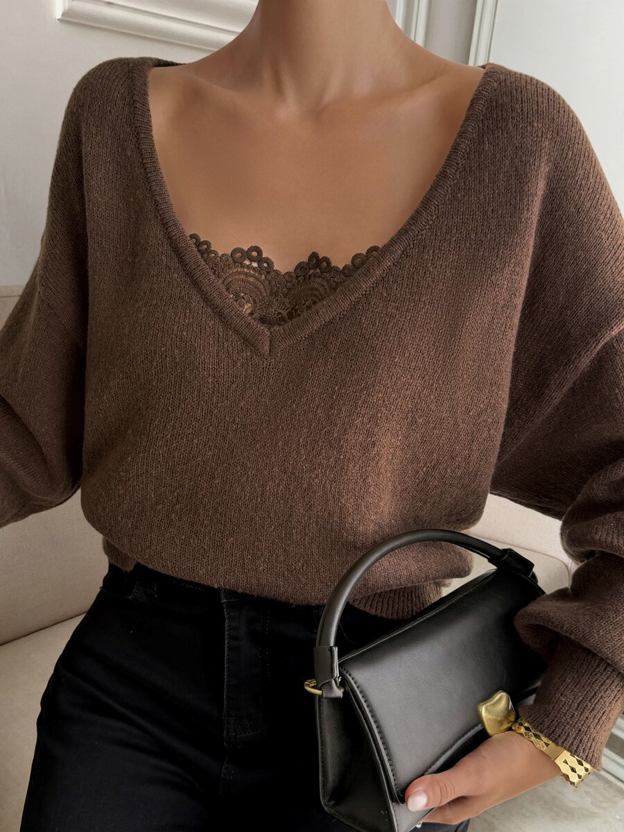 DAZY Women's Vintage Fashion Lace Patchwork Long Sleeve Sweater Fall - Brown - View 1