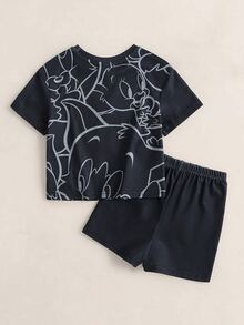 TOM & JERRY X SHEIN Baby Boy Cartoon Print Short Sleeve Top And Shorts Loungewear Set - Black - View 2