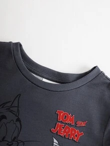 TOM & JERRY X SHEIN Baby Boy Cartoon Print Round Neck Short Sleeve T-Shirt And Striped Long Pants 2pcs Set - Grey - View 3