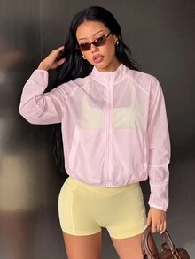 SHEIN Dewbera 女款極簡風網布拉鍊長袖運動夾克 - 粉色 - 查看 6