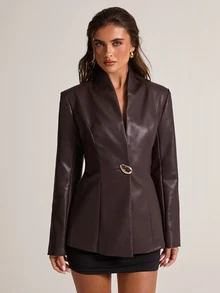 SHEIN BAE Women's Solid Color PU Leather Fashion Versatile Commute & Travel Blazer - Brown - View 5