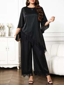 Reflora Plus Size Women Lace Patchwork Top And Pants Casual Daily 2 Pieces Set - Black - View 10