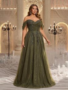 Glamrae Plus Size Elegant Romantic Green Off Shoulder Lace Patchwork Mesh Ruched Applique Puff Skirt Extra Large A-Line Suitable For Evening Party Date Ball Vacation Wedding Event Heavy Work Evening Gown Dress - Green - View 7
